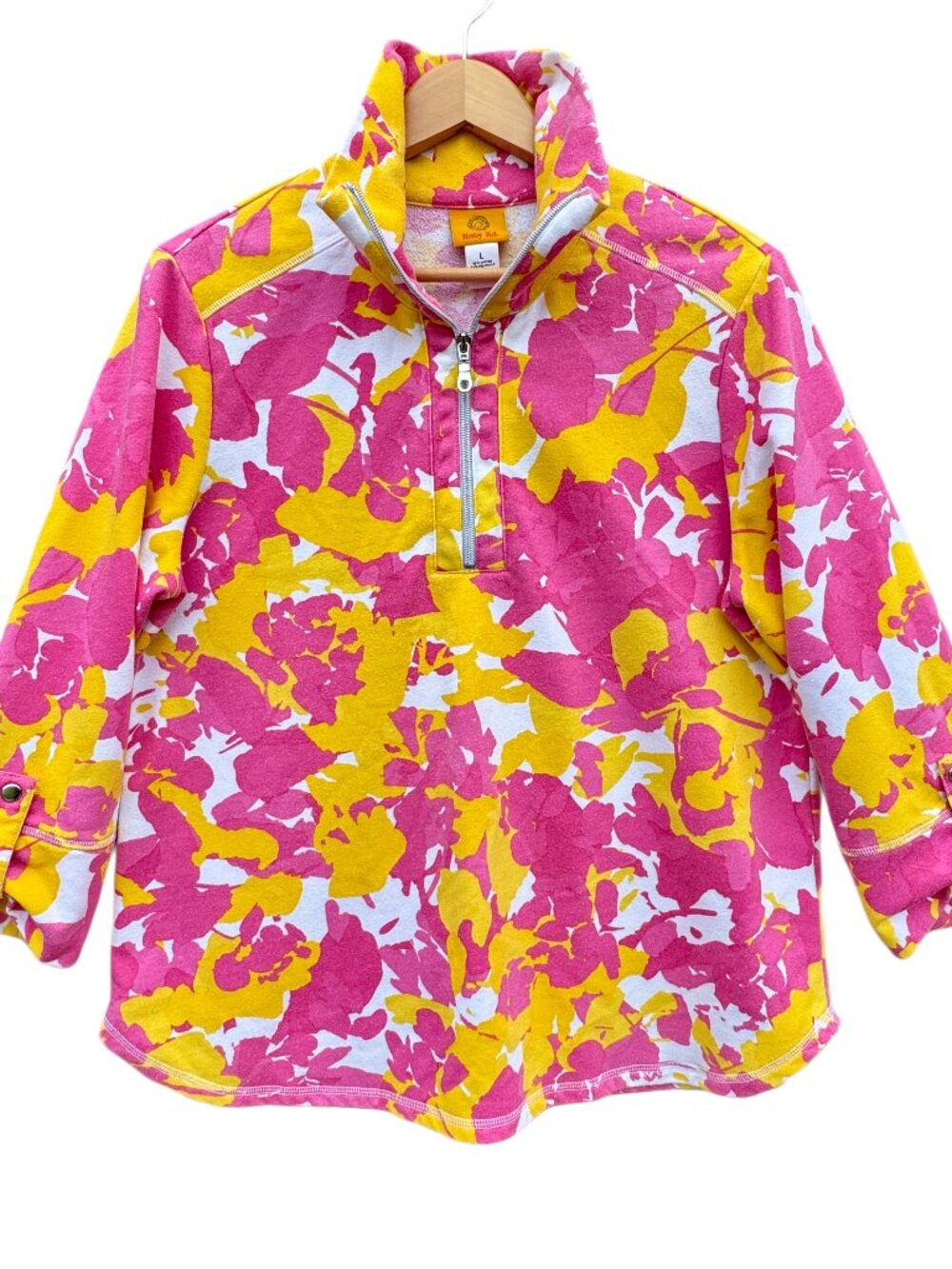 Ruby Rd 1/4 Zip Pullover Large Yellow Pink Floral Eclectic Maximalist Resortwear